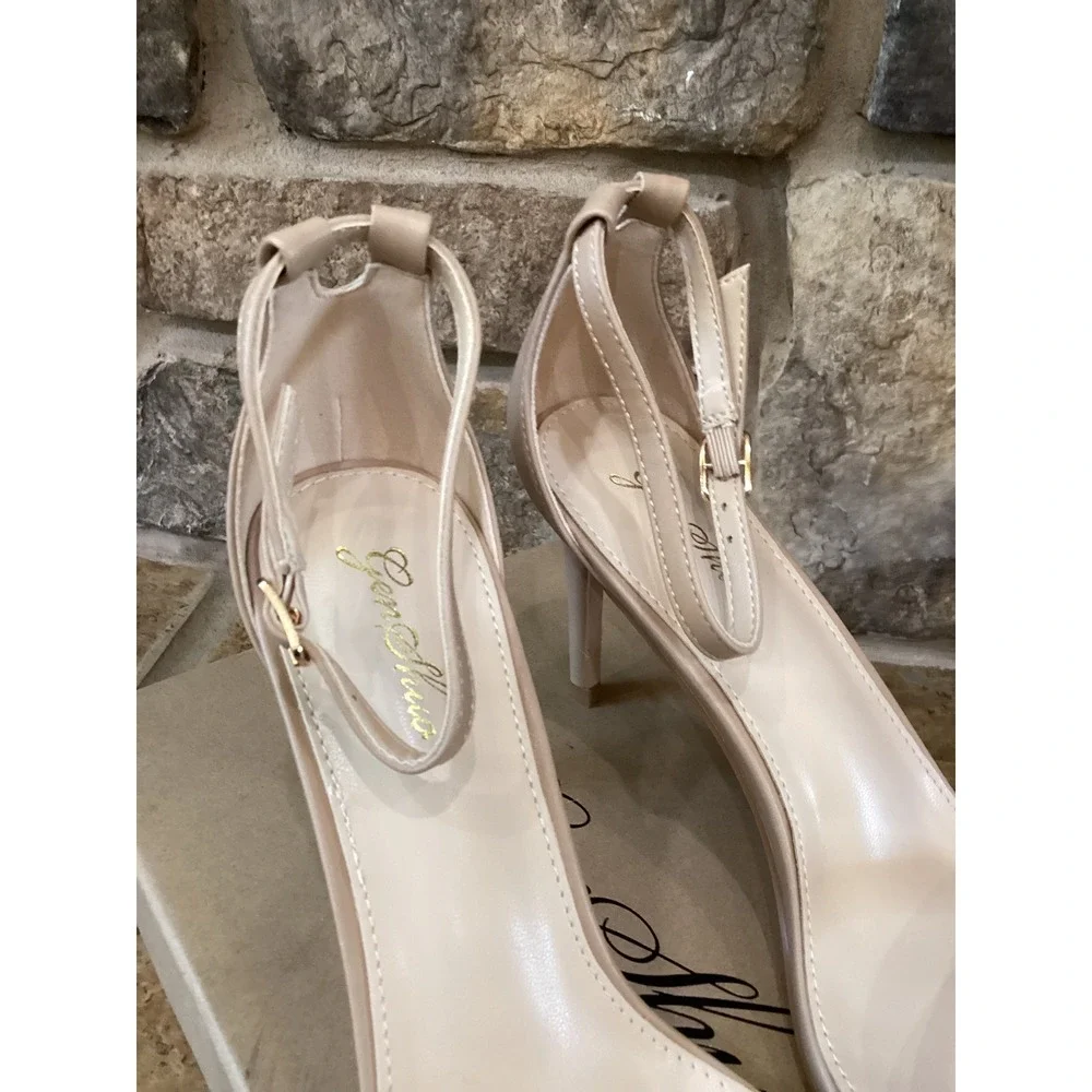Genshuo Size 7.5 Nude Matte Ankle Strap Stiletto Heels Square Toe Sandals New